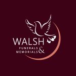 Walsh Funerals & Memorials logo features a white bird on a burgundy background and a coral crescent shape.