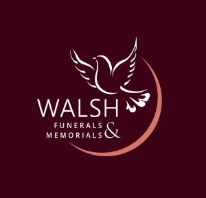 Walsh Funerals & Memorials logo features a white bird on a burgundy background and a coral crescent shape.